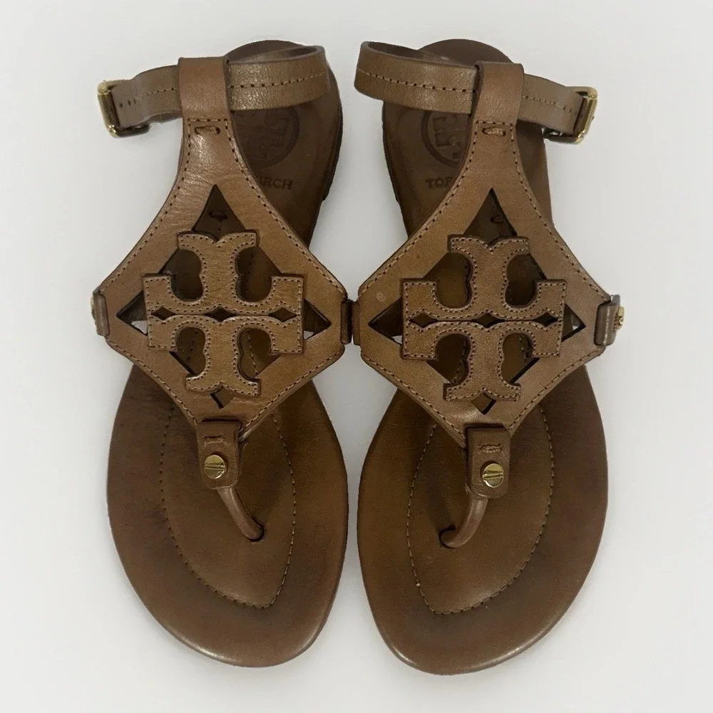 Tory Burch Miller Ankle Wrap Sandals 5.5 Vintage Vachetta Leather Logo Thong